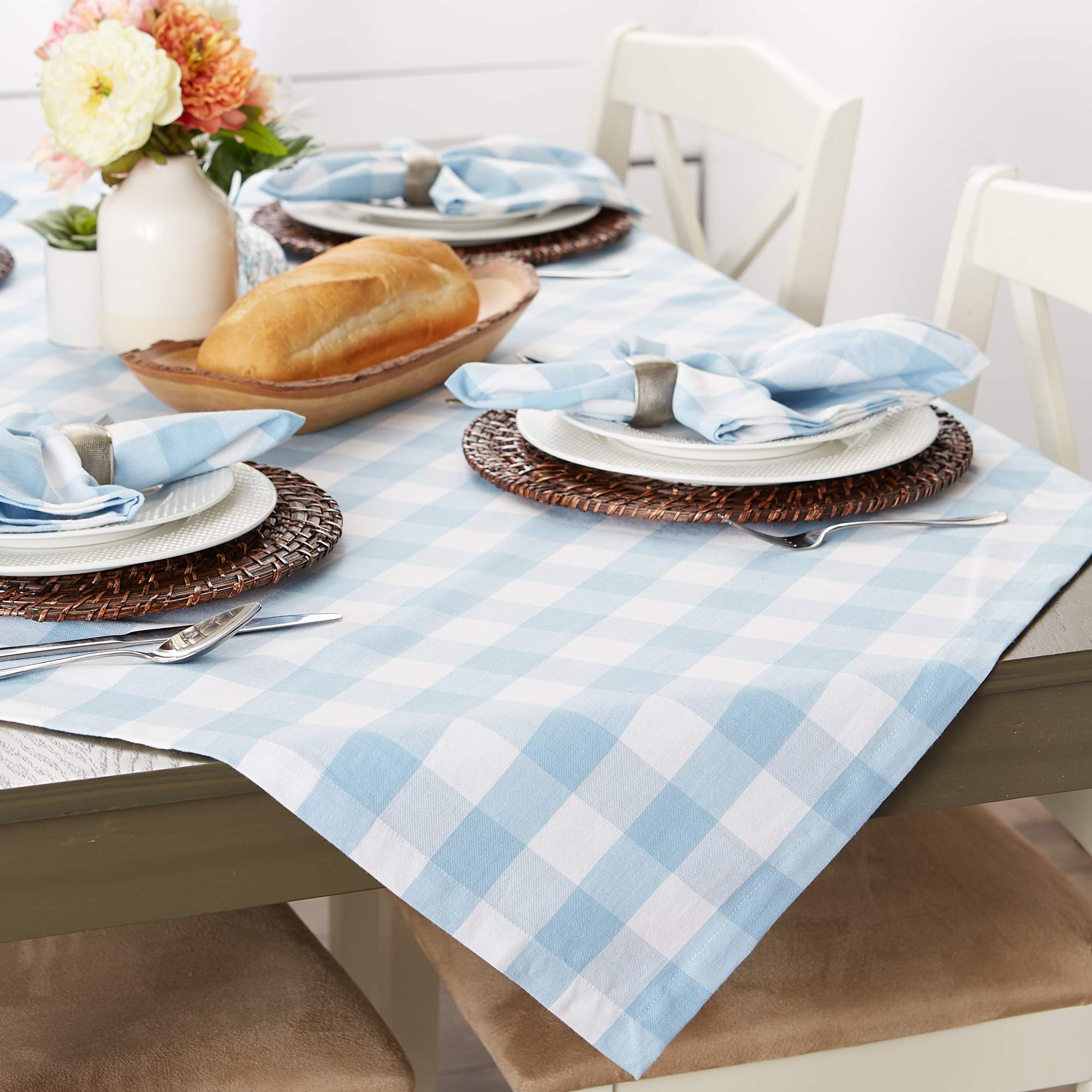 Dii Buffalo Check Collection, Classic Farmhouse Tablecloth, Tablecloth, 70 Round, Light Blue & White